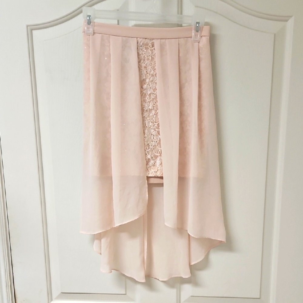Elegant Pink Chiffon Overlay Skirt With Lace And Sequins